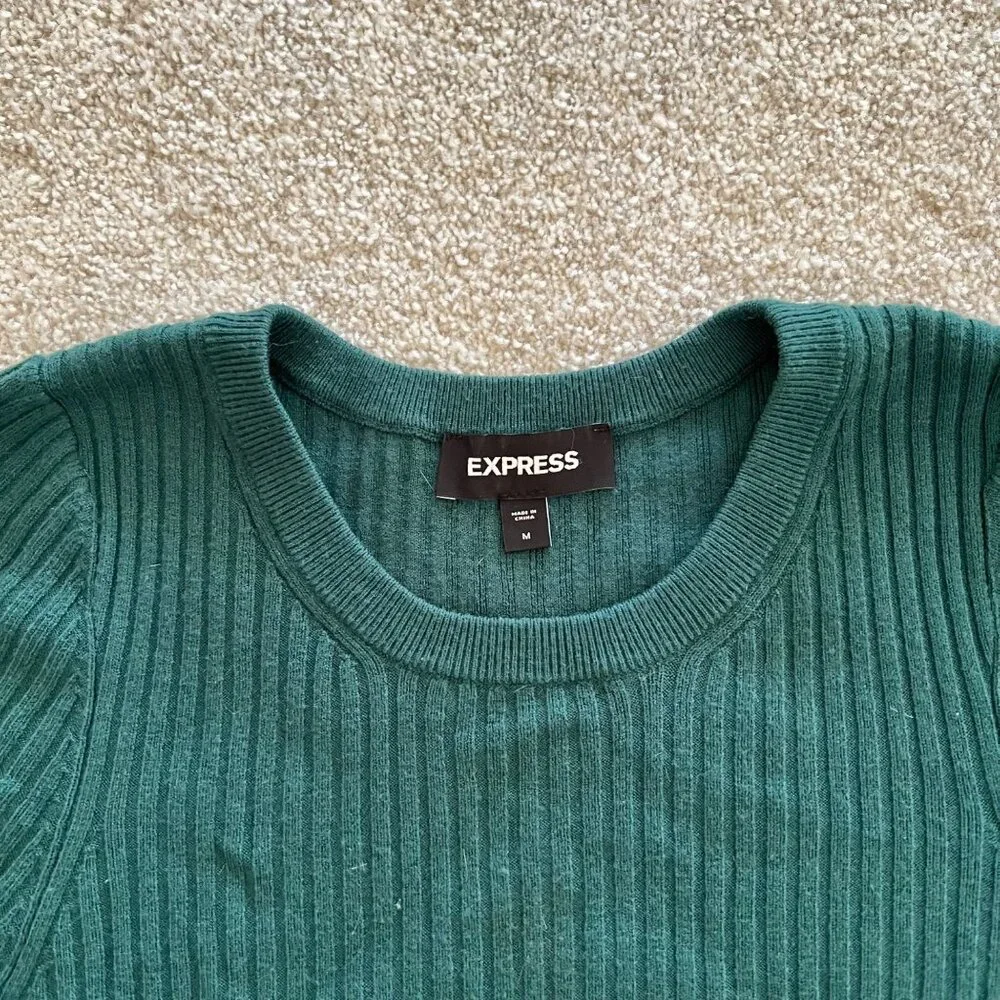 Express Emerald Green Round Neck Ribbed Stretch Long Sleeve Minimalist Top M - Picture 3 of 8